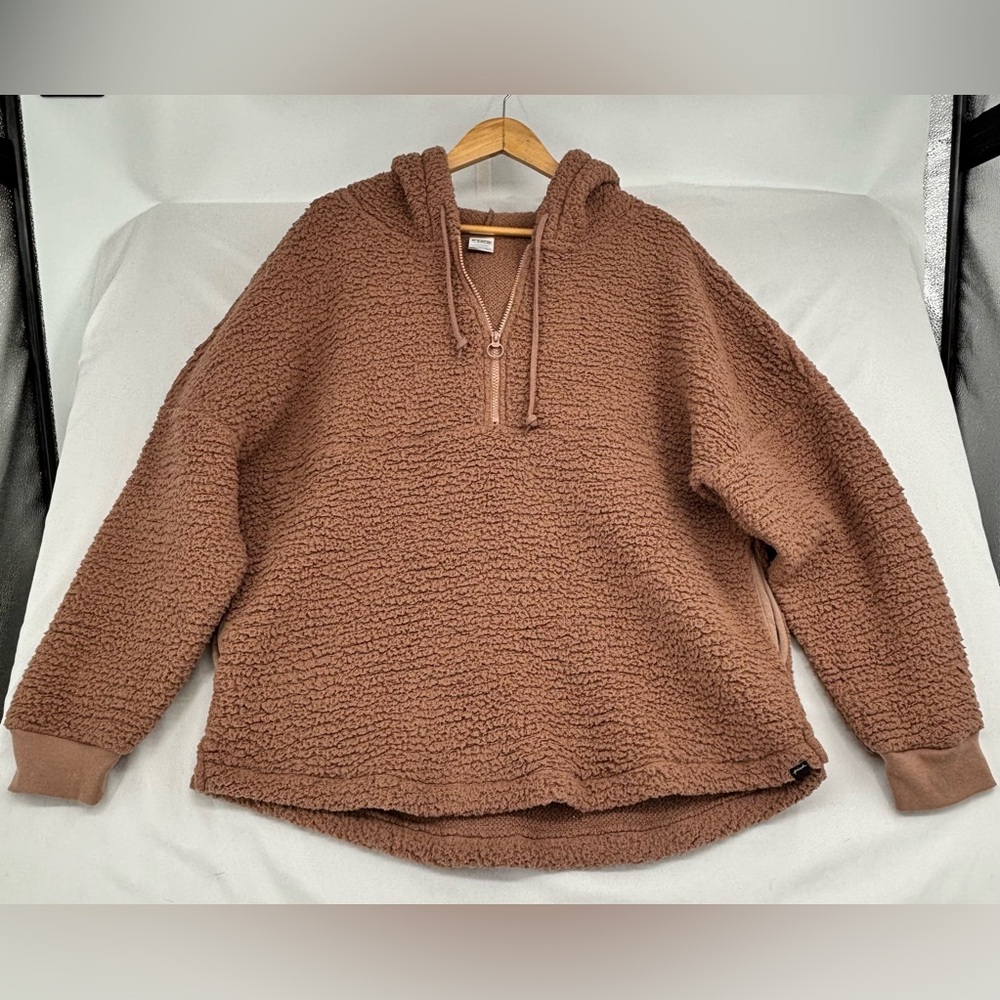 Victoria’s Secret Pink Women's Tan Fleece Sherpa Teddy 1/2 Zip Hoodie L